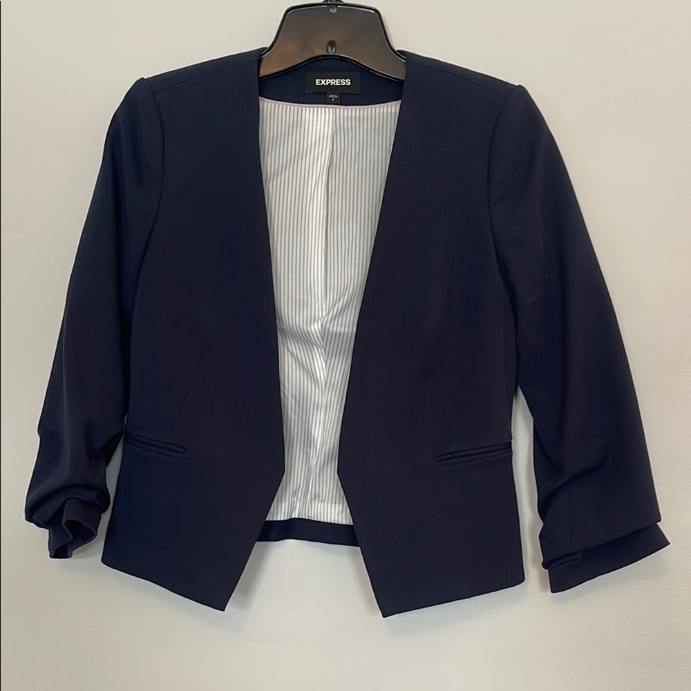 Express Women's Navy Blue Ruched Sleeve Blazer